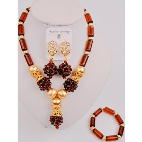 In Fashion Brown Crystal Bead Women African Jewelry Set Nigerian Wedding Beads ZQ5-08