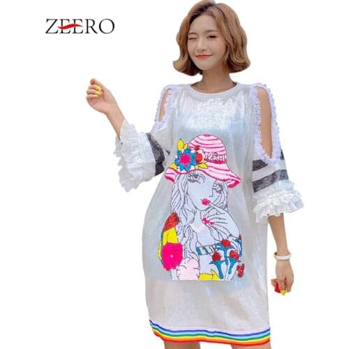Women Cartoon Sequins Ruffles Sleeve T Shirt Dresses Female Oversize Sexy Hollow Out Off Shoulder Summer Dress Vestido De Mujer