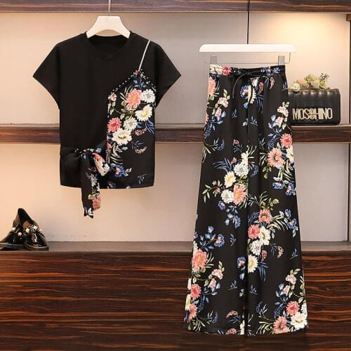 2021 Spring Women two piece set Pants suits tshirt women tops + High Waist Loose Chiffon Pants