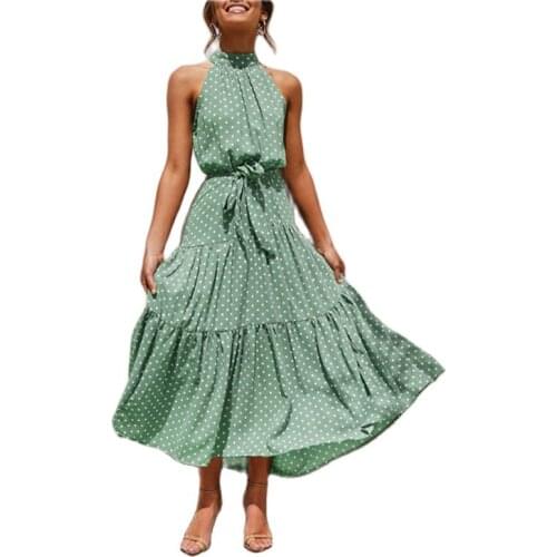 Women Elegant Maxi Dress Sexy Sleeveless O Neck Dress Casual Floral Ruffle Thin Beach Dress Lady Green Summer Party Dresses