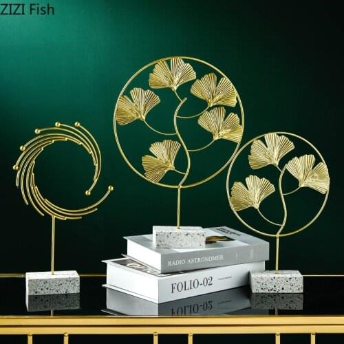 Golden Ginkgo Biloba Ornaments Marble Texture Base Metal Leaves Handicraft Adornment Modern Simple Room Decor Home Decoration
