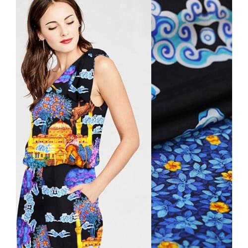 140*120CM 19MM Castle Print Blue Yellow Silk Fabric for Summer Dress Shirt Autumn Scarf E563