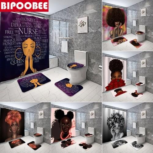 African American Women Shower Curtain 3D Black Girl Bath Mats Set Toilet Cover and Anti-Slip Rug Bathroom Curtains with Hooks
