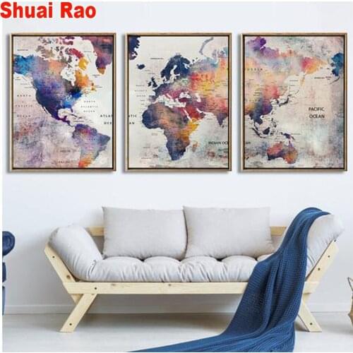5d diamond painting full drill square,3d Cross Stitch Mosaic diamond Embroidery Triptych World map art home decoration