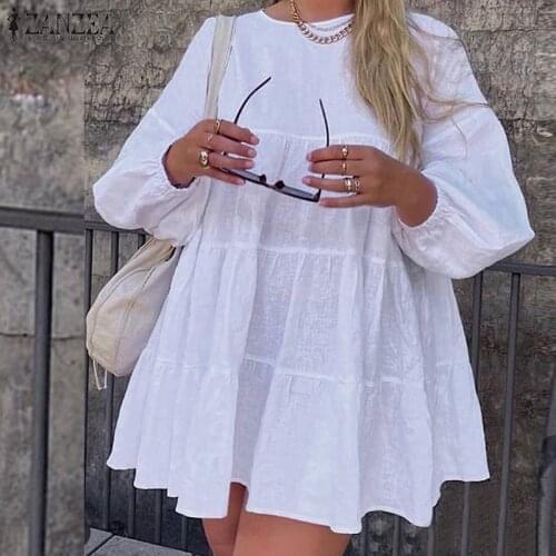 ZANZEA Stylish Women Ruffles Blouse Summer Long Puff Sleeve Tops Elegant Solid Shirt Casual Loose Party Blusas Tiered Tunic 5XL