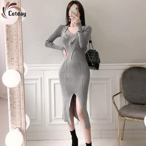 Cotday Irregular Striped Knitting V-Neck Sexy And Thin 2021 Spring New Brand Gentle Wind For Women Clothes Sweater Dresses