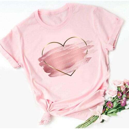 Women Casual Basis O-collar Pink TShirt Heart Flower Print Ladies T-shirt Short Sleeve T-shirt Love Graphic Printing Female Tops