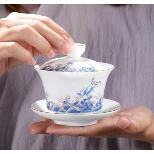 Chinese Tea Set Gaiwan Household Tea Maker Ceramic Sancai Tea Bowl Advanced Gold Edge Service Tea Cup Saucer Jingdezhen Tea Cup