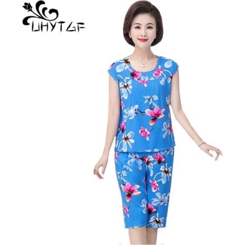 UHYTGF Womens tracksuit fashion printing Cotton silk comfortable summer two piece set women short sleeve top plus size sets 909