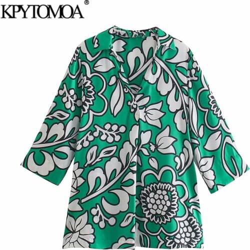 KPYTOMOA Women 2021 Fashion Floral Print Side Vents Blouses Vintage V Neck Three Quarter Sleeve Female Shirts Blusas Chic Tops