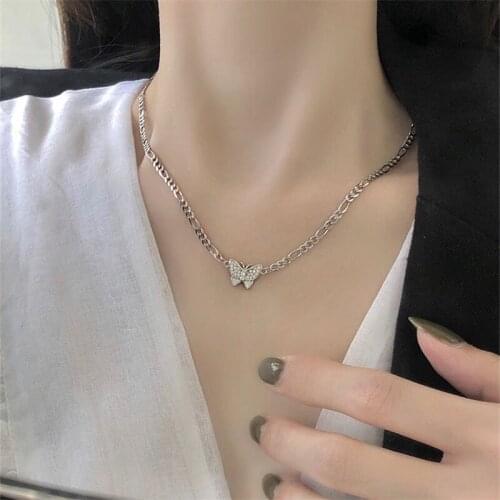 Trendy Silver Plated Chain Necklace For Women Jewelry Charms Zircon Butterfly Pendant Necklace Female Clavicle Accessories Shiny