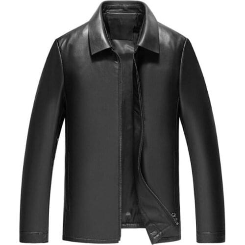 Mens Stand Collar Polyester Lined Bomber Genuine Leather Jacket 100% Sheepskin Leather Coat Black Color