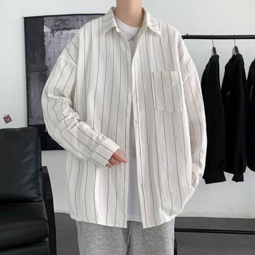 2021 Autumn New Striped Men Shirts Long Sleeve Oversized Shirt Loose Korean Style Male Cardigan Blouses Mens Clothing