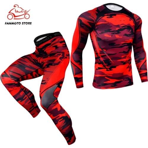 Mens Sport Running motorcycle Sets Compression T-Shirt + Pants Skin-Tight Long Sleeves Fitness Rashguard Training Gym Yoga Suits