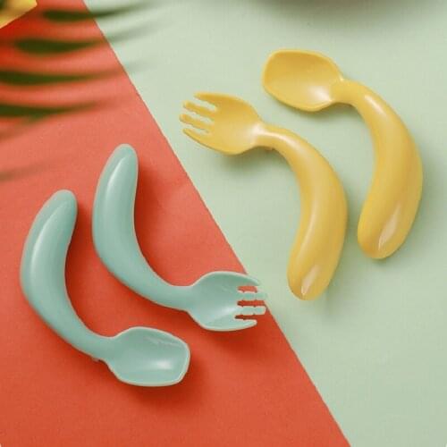 Baby Tableware Set Kids Self Feeding Spoon Fork Curved Handle Auxiliary Food Toddler Learn To Eat Training Children Dinnerware