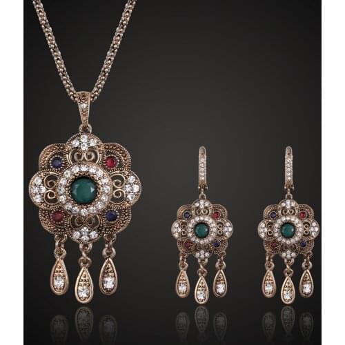 Zlxgirl Fashion Womens Turkish Necklace Earring Jewelry sets Green Flower Pendant Vintage Princess Hooks Long Pendantes