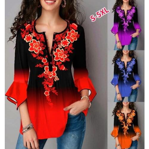 New Women Autumn Blouse Ruffles Three Quarter Sleeve Floral Print Shirt Oversize Blouses Button V Neck Slim Shirts Tops S-5XL