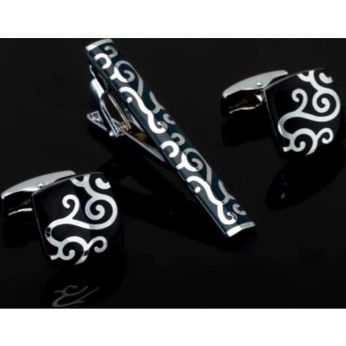 Newest square stripe flower high quality black tie clip and Cufflinks apparel accessories French men Cufflinks Jewelry