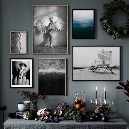 Nordic Black White Canvas Printing Sexy Woman Posters and Prints Seascape Wall Art Decorative Pictures Cuadros for Home Decor