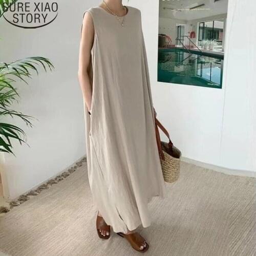 Casual Loose Long Dress Cotton Linen Dress Summer Women Sleeveless A-Line Korean Chic Retro Elegant Female Solid Dresses 15816