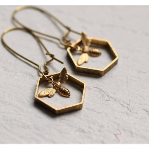 Geometric Hexagon Bee Gold Plated Pendant Earrings For Women Insect Drop Earring Fashion Jewelry Gift