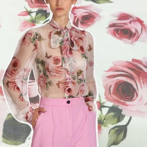 Spring and Summer Chiffon Fabric Dress Shirt Sewing Cloth D Brand Rose Butterfly Printing Fabric With Logo Alibaba Express