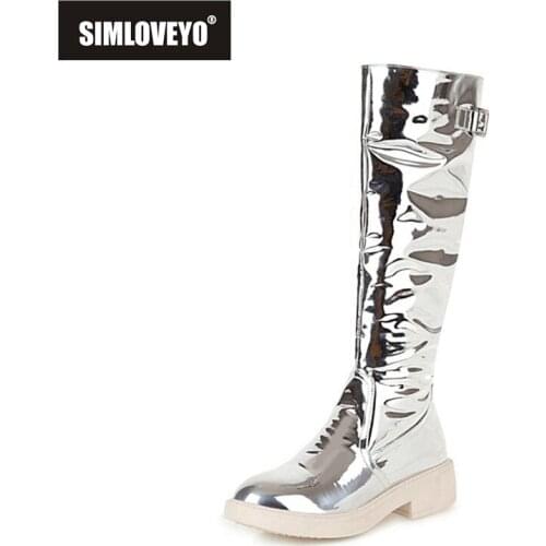 SIMLOVEYO Winter Ladies Knee High Boots Round Toe Zip 4CM Buckle Strap Chunky Heel Shoes Platforms US12 Black Beige Silver A4273