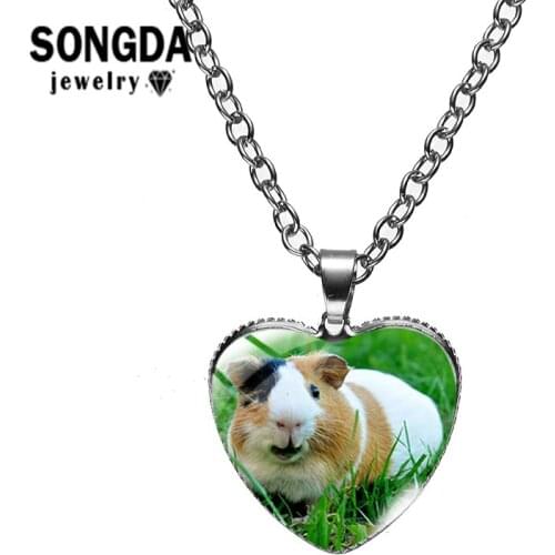 SONGDA Cute Guinea Pig Art Design Pattern Heart Necklace Glass Gem Style Fashion Jewelry of Animal Collectors Favorite Best Gift