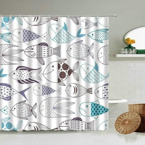 Cute Cartoon Blue Fish Shower Curtain Line Graffiti Illustration Art Bathroom Accessories With Hook Waterproof Screen Washable