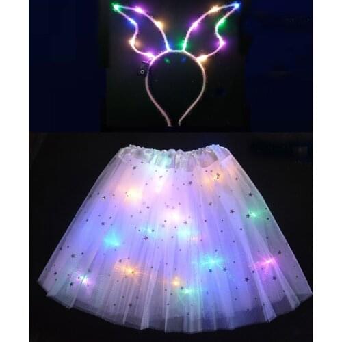 Adult Children Girl LED Light Up Wire Tutu Glow Angel Cosplay Costume Ear headbands Birthday Glow Party Skirt Purim