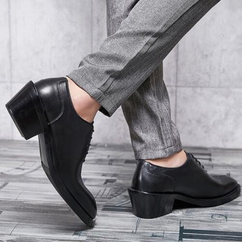 Daily Office Men Business Dress Shoes Pointed Toe Chunky Heel Derby Shoes Real Leather Embroidery Party Wedding Shoes Plus Size