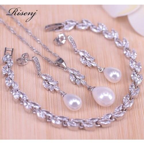 Risenj Silver 925 Water Drop Freshwater Pearl Jewelry For Women Stud Earrings Necklace Leaf Bracelet With Pendant Set Big Sale
