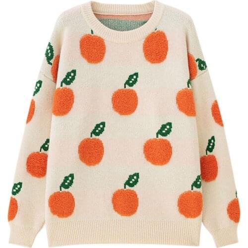 Women’s Autumn Winter Warm Sweaters Fashion Women Girls Long Sleeve Fruit Pattern Knitted Sweater Casual Loose Pullovers Top