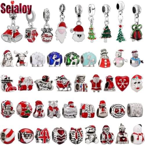Seialoy 2pcs Red Santa Claus Beads Gift Bag Reindeer Christmas Tree Bead Fit Diy Xmas Charm Bracelets Jewelry Making Accessory