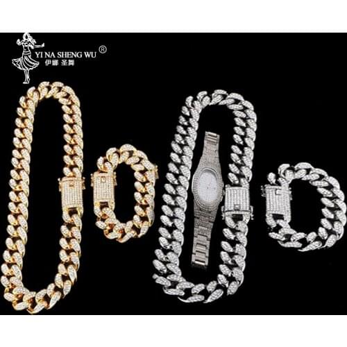 2cm Hip Hop Jewelry Necklace Crystal Miami Cuban Chain Luxury Men Gold Color Combo Set Watch&amp Necklace &amp Bracelet For Men