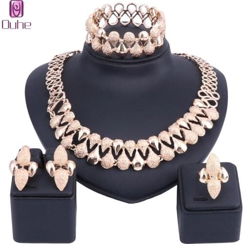 African Jewelry Set Ladies Wedding Golden Color Fashion Bridal Water Drop Necklace Rings Bangle Earrings Accessories