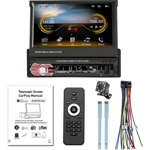 1 Din Car Radio 7 Inch HD Retractable Screen MP5 Multimedia Player Camera Audio Video Player AM FM USB TF AUX Autoradio