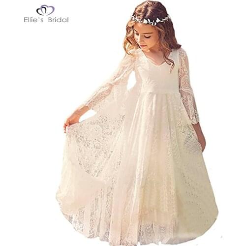 White Lace Dress Girls Flare Full Sleeve Girl Princess Dress Girl Wedding Dress Fancy Party Pageant Formal Dress