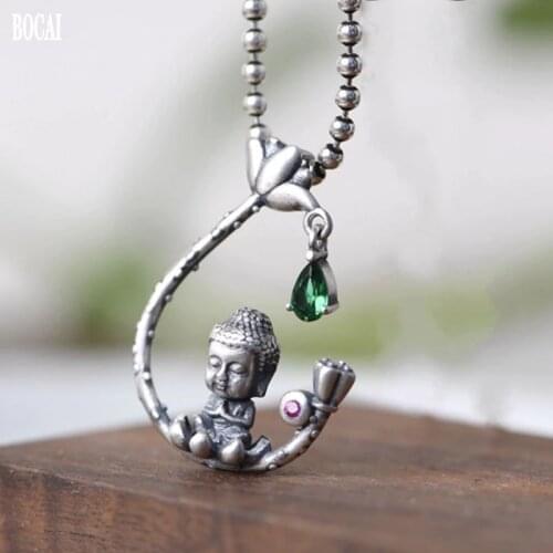 BOCAI NEW 100% solid real S925 pure silver accessories vintage Buddhist pendant for women lotus baby Buddha free shipping