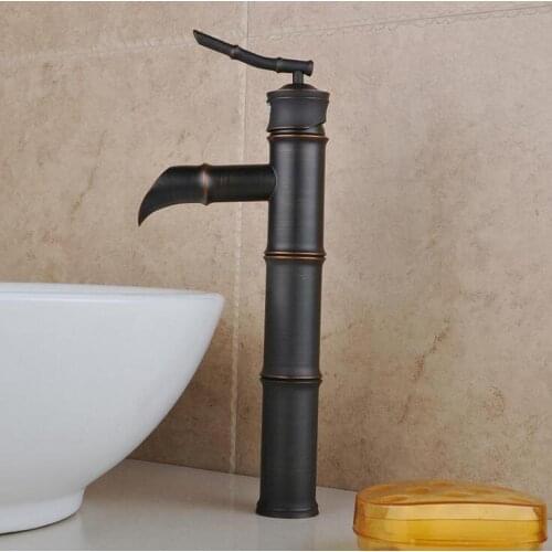 Antique copper bamboo style basin faucet black, Retro single hole bathroom basin faucet vintage, Brass basin faucet hot and cold