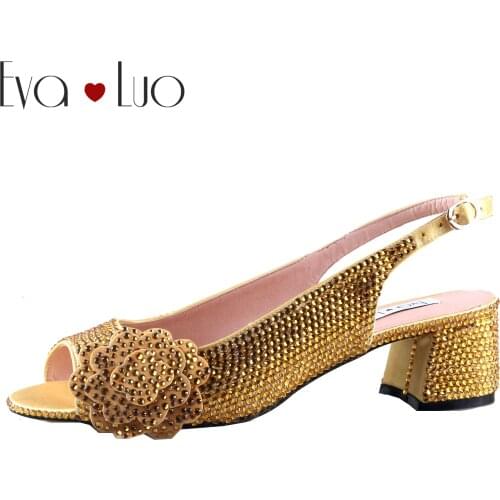 CHS1126 Custom Made Block Heel Yellow Gold Rose Flower Crystal Slingbacks Women Bridal Wedding Shoes Low Heel Shoes Party Shoes