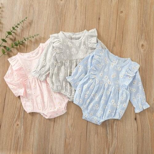 0-24M Baby Girls Long Sleeve Rompers Little Daisy Jacquard Ruffles Casual Bodysuit Soft Spring Autumn Rompers for Infant Baby