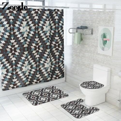 Zeegle Home Decor Bathroom Carpet Rug Memory Foam U-Shaped Toilet Rug for Toilet Plaid Printing Shower Curtain and Bath Mat Set