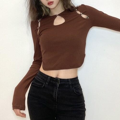 Womens Spring Autumn T-shirt Round Neck Button Long Sleeves Hollow Out Crop Tops Fashion Female Tee Top Streetwear