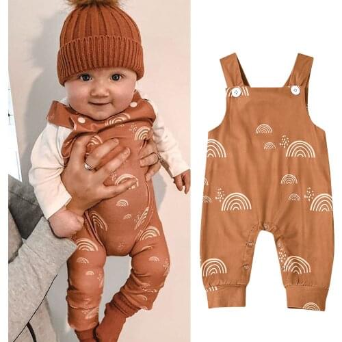 Sleeveless Cartoons Infant Baby Boys Girls Rompers Rainbow Print Jumpsuit Straps Pants Clothes Toddler Outfits Ropa 2021