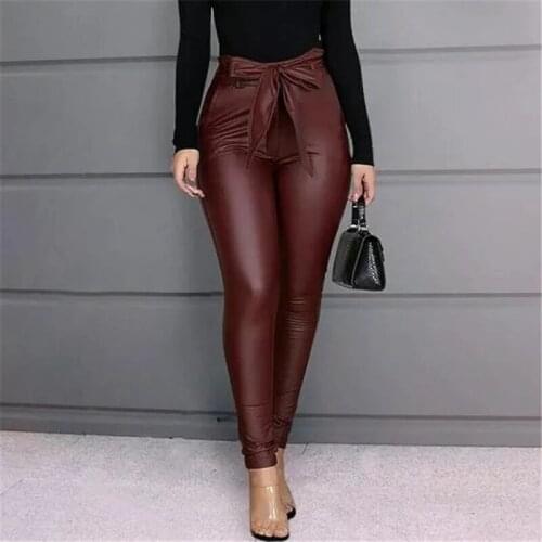 Womens Leggings PU Leather High Waisted Pants Stretchy Bowknot Skinny Pencil Trousers Bow Womens Pants Black Wine Red Trousers