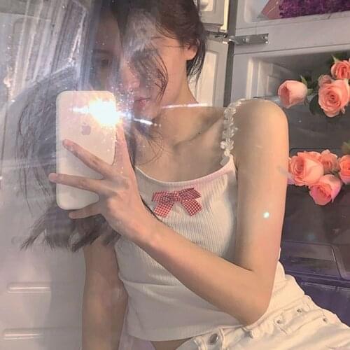 Tank top vest Japanese girl T-shirt summer new style student short bow flower shoulder strap chic bare navel vintage clothes