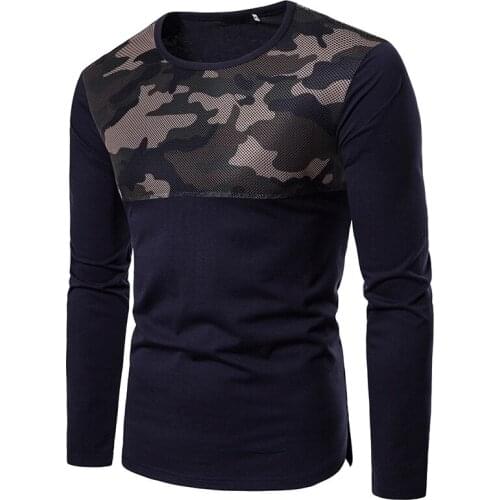 Mens T-Shirts Camouflage Mesh Stitching Pullover Casual Round Neck Long Sleeve Patchwork Slim Type Tops