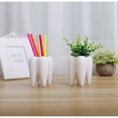 Cute Tooth Shaped Pen Pencil Holder White Ceramic Succulent Planter Pots for Home Office Decoration Desk Organization Set Of 3