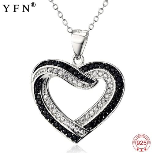 Genuine 925 Sterling Silver Heart Necklace Fashion Jewelry Black White Cubic Zirconia Necklaces & Pendants For Women GNX10877
